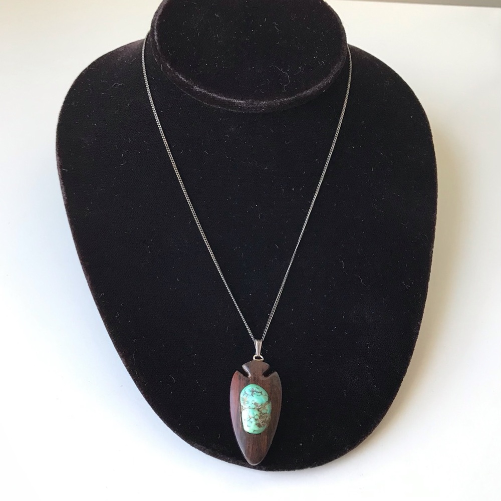 Turquoise Arrowhead Wood Pendant On Sterling Silver Chain Vintage